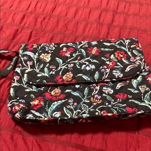 Vera Bradley Black Floral Quilted Wristlet with Red and Green Accents